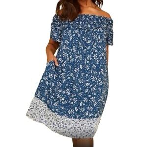 LANE BRYANT Blue White Floral Off Shoulder Mini Dress Women's 18/20 Cottagecore